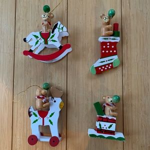 Vintage wood, hand-painted Christmas ornament bear balloons set a four